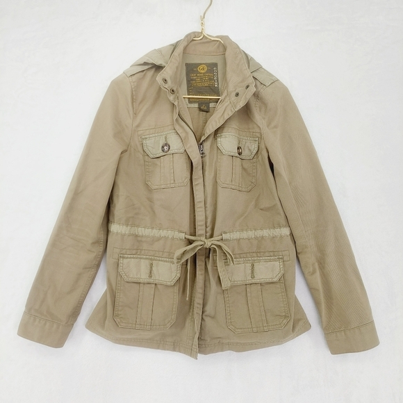 Lucky Brand 100% Cotton Kaki Pockets Drawstring Military  Hooded Jacket P7073 - Picture 1 of 10